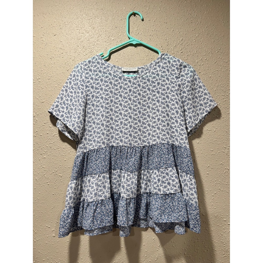 Paper Crane‎ Blue White Mixed Floral Tiered Babydoll Top Short Sleeve Small